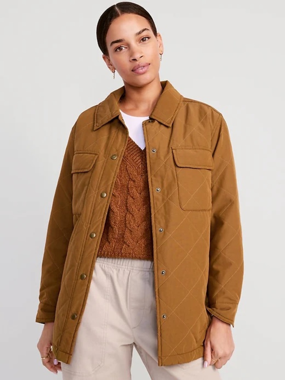 Old Navy NWT Quilted Brown Women's Utility Jacket Brown Shacket - Picture 13 of 14